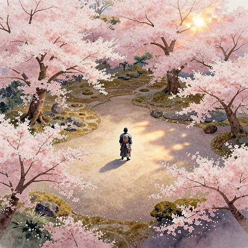 Digital painting: Silhouetted figure walking through a sunlit, pink cherry blossom path, surrounded by lush greenery and rocks, bathed in