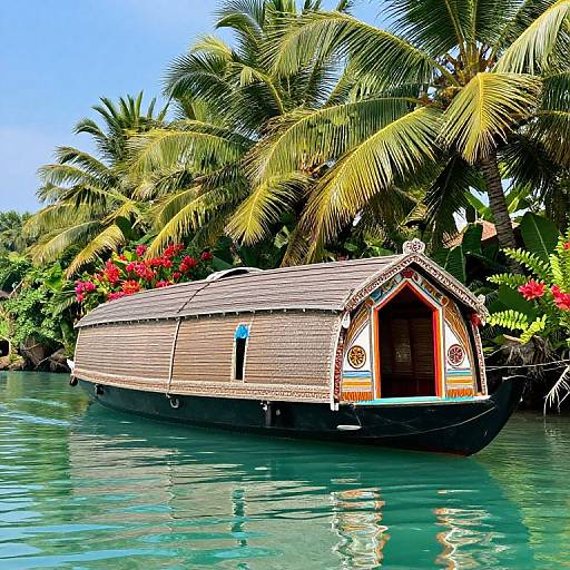 Photograph of a traditional, thatched-roof houseboat floating on turquoise water, surrounded by lush palm trees and vibrant red flowers.