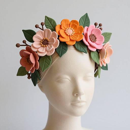 Photograph of a white, featureless bust wearing a colorful floral crown with orange, pink, and peach flowers, green leaves, and brown buds against