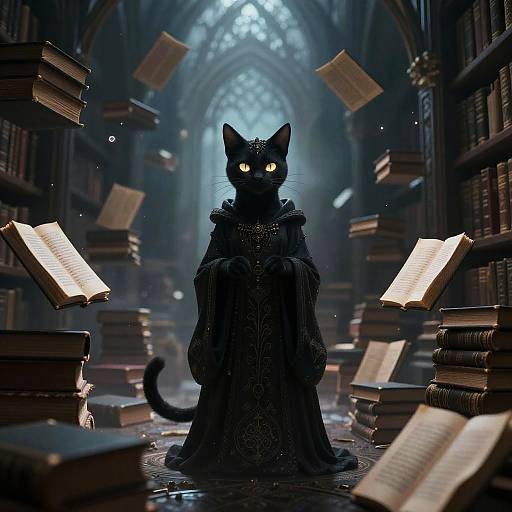 Mysterious Sorceress Cat in Arcane Library