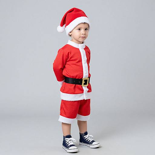 Photograph of a young boy in a red Santa outfit with white trim, black belt, and black sneakers, standing against a plain white background.