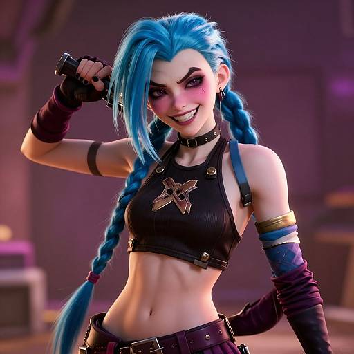 Digital 3D artwork of a blue-haired woman with braids, smiling mischievously, wearing a black crop top, gloves, and ch