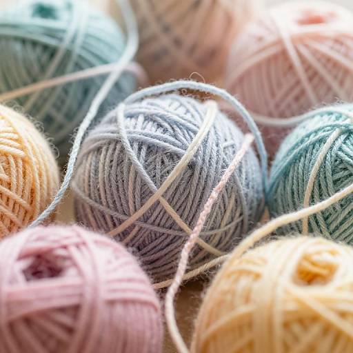 Close-up photograph of colorful yarn balls, featuring pastel shades of pink, purple, blue, and beige, with soft, textured fibers.