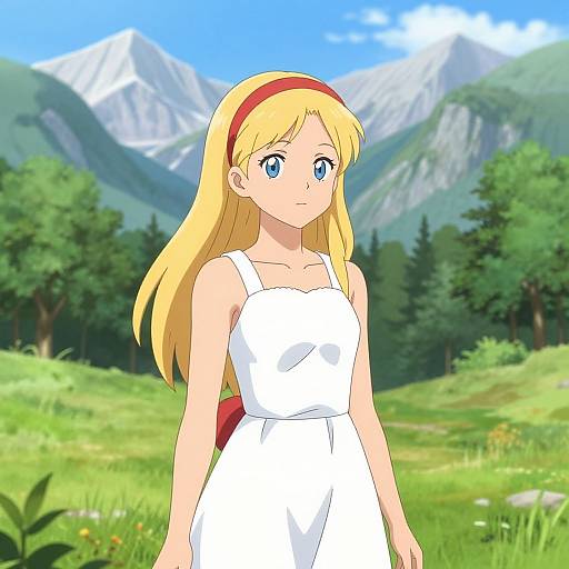 Anime Blonde Woman in Mountain Valley