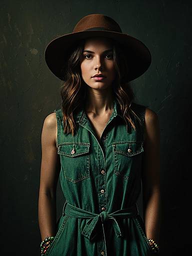 Woman in Sleeveless Denim Dress and Wide-Brimmed Hat