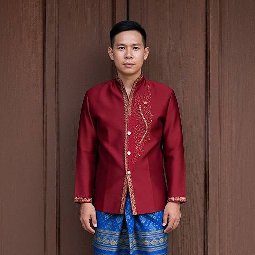 Photograph of an Asian man with short black hair, wearing a red embroidered jacket and blue patterned pants, standing against a brown wooden background.