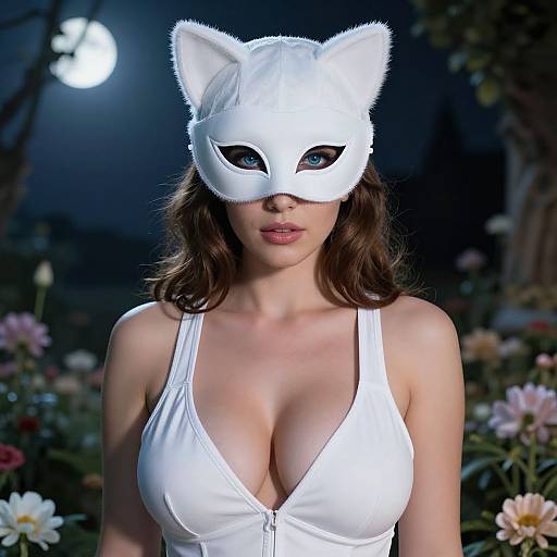 Photograph of a woman with large breasts, wearing a white cat mask and white halter top, standing in a moonlit garden filled with flowers.