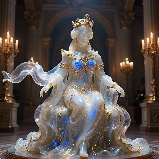 Glowing white marble statue of a regal queen with flowing gown, gold crown, blue gems, and illuminated background in a grand, candlelit