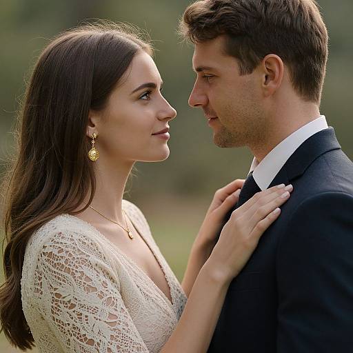 Photograph of a romantic moment between a brunette woman in a white lace dress and a brown-haired man in a black suit, gazing at each other