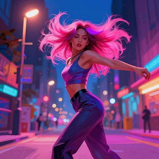Digital art: Neon-lit street at night, Asian woman with flowing pink hair, wearing a blue crop top and black pants, striking a dynamic pose