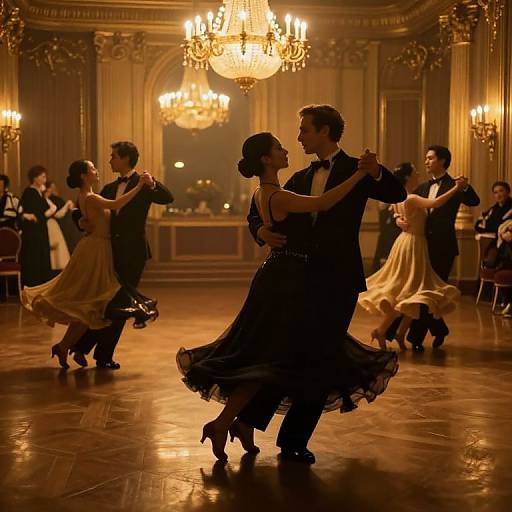 Photograph of a romantic ballroom dance scene with silhouetted dancers in elegant attire, illuminated by grand chandeliers in an opulent,