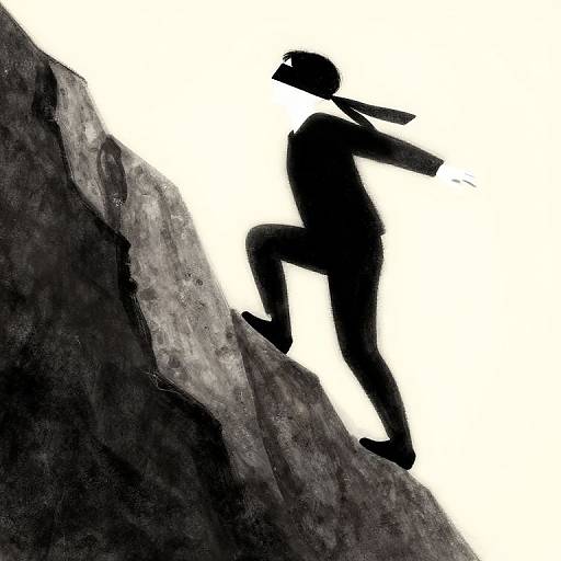 Silhouetted figure in a hat and scarf climbing a rocky slope, black and white digital art, dynamic angle, high contrast.