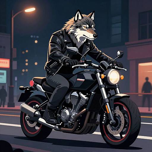 Digital artwork of an anthropomorphic wolf in a black leather jacket riding a motorcycle at night, city lights and blurred pedestrians in the background.