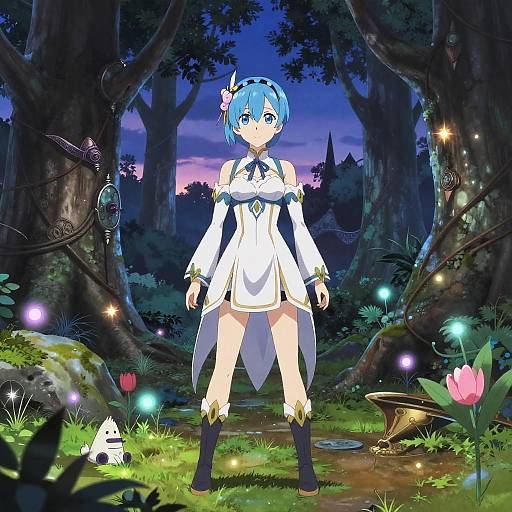 Digital anime-style artwork of blue-haired girl in white, gold-accented dress standing in enchanted forest at twilight, surrounded by glowing lights.