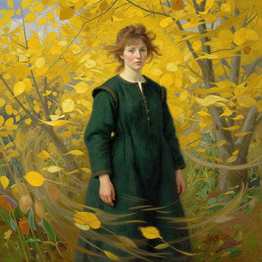 Digital painting of a young woman with brown hair, wearing a black dress, standing in a vibrant yellow leaf-filled forest.