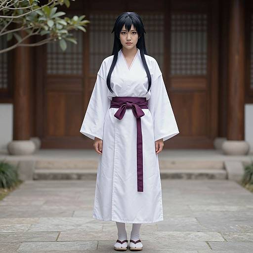 Photograph of an East Asian woman with long black hair, wearing a white kimono with a purple belt, standing in a traditional Japanese courtyard.