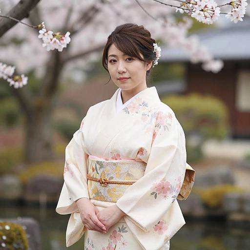 Japanese Woman in Kimono with Cherry Blossoms