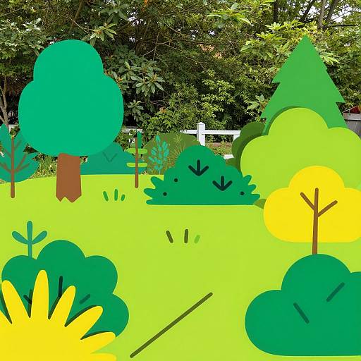 Bright, colorful digital drawing of a simplified forest scene with green trees, yellow bushes, and brown tree trunks, set against a backdrop of lush green