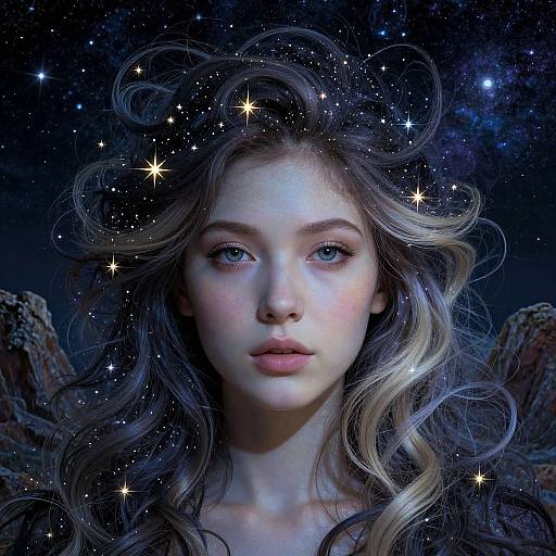 Digital portrait of a fair-skinned, blue-eyed woman with flowing, star-laden hair against a cosmic night sky background. Ethereal, celestial beauty