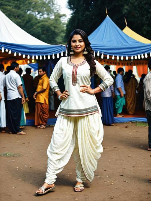 Woman Wearing White Dhoti Suit at Cultural Festival