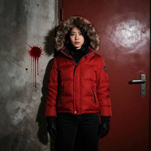 Woman in Red Jacket Against Grimy Wall