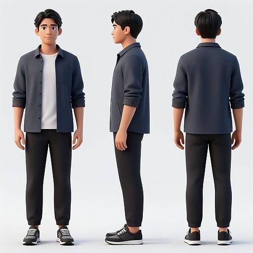 Photorealistic 3D character model of an Asian man with short black hair, wearing a dark blue shirt, white tee, black pants, and