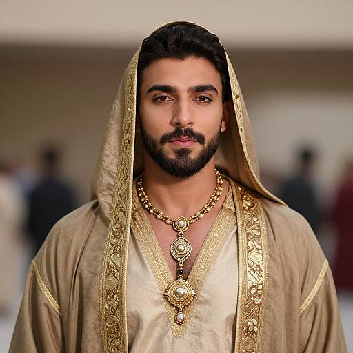 Photograph of a bearded man with dark hair, wearing an ornate gold-embroidered beige robe and matching necklace, standing against a blurred