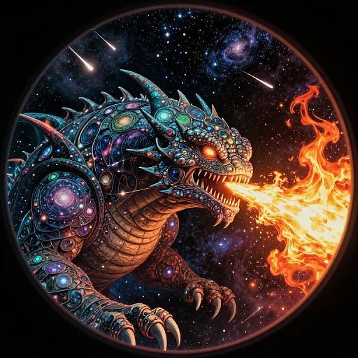 Digital art: Glowing, bioluminescent dragon with intricate, cybernetic scales breathes fiery orange blaze in a starry, cosmic background