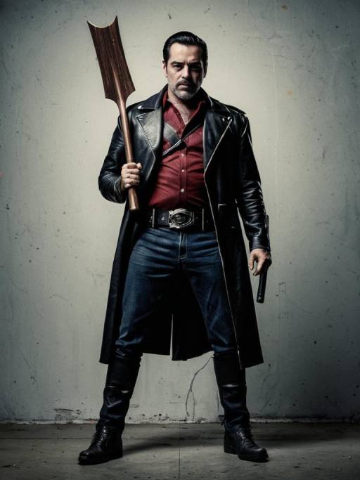 Man in Negan Costume Holding Bat and Gun