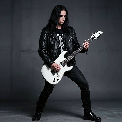 Photograph of a long-haired, pale-skinned man in black leather jacket, 