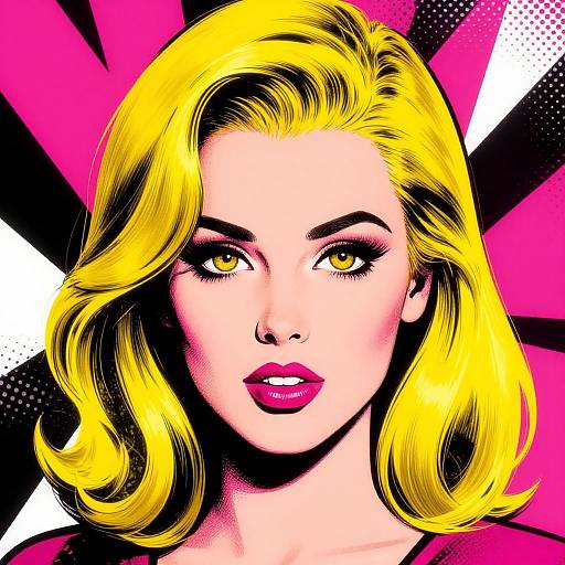 Pop art illustration of a blonde woman with yellow eyes, pink lips, and wavy hair against a pink and black radial burst background.