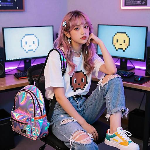Photograph of a young Asian woman with pink hair, wearing a pixel shirt, ripped jeans, and colorful backpack, sitting in a neon-lit gaming