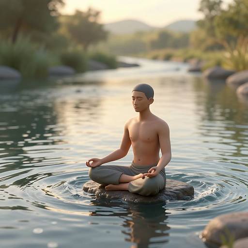 Photograph of a shirtless, young man with short hair, meditating in a lotus position on a rock in a serene, sunlit river