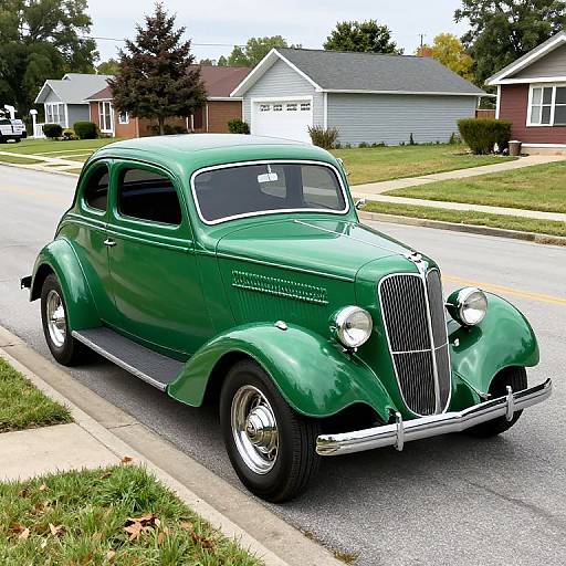 Photograph of a vintage, shiny green classic car with rounded fenders and chrome grille, parked on a suburban street with houses in the background.