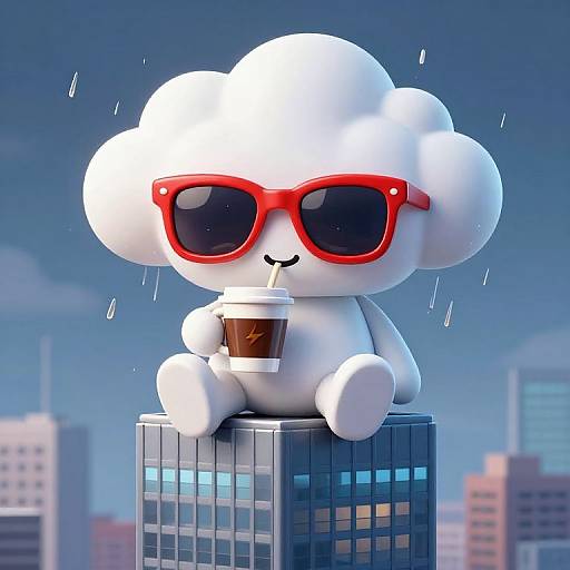 Cartoon white cloud with big red sunglasses and sipping a coffee, sitting on a skyscraper amid a rainy cityscape. Digital art.