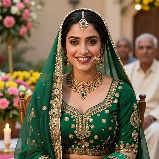 Photograph of a smiling Indian bride in a green embroidered saree, adorned with gold jewelry, and a green veil, standing in a brightly decorated room