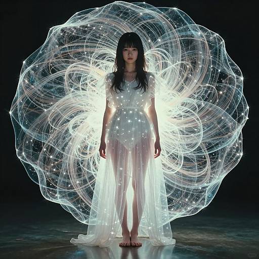 Photograph of an Asian woman with long black hair, wearing a sheer white dress, standing against a dark background with a glowing, swirling light pattern behind