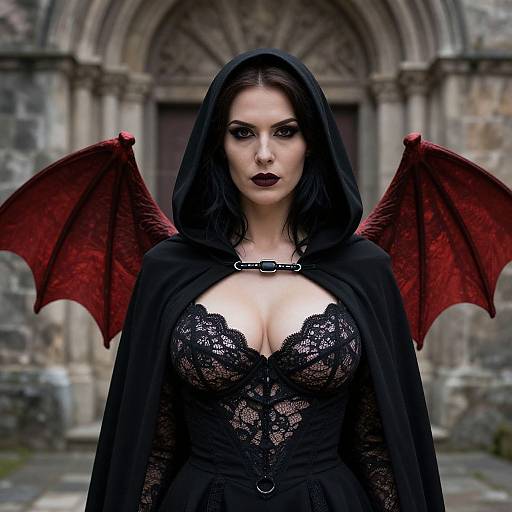 Photorealistic image of a pale woman with dark hair, black lace corset, red bat wings, and hooded cloak, standing in front of