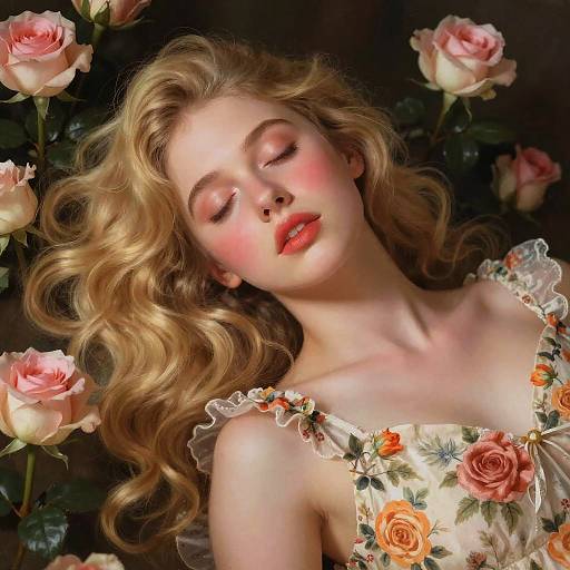 Photograph of a fair-skinned, blonde woman with closed eyes, wearing a floral dress, surrounded by pink roses, with soft lighting and a dream