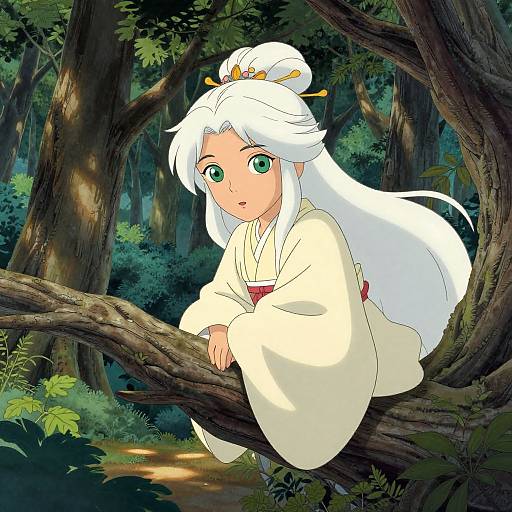 Anime-style drawing of a white-haired, green-eyed girl in a cream kimono perched on a tree branch in a dense, sunlit forest.