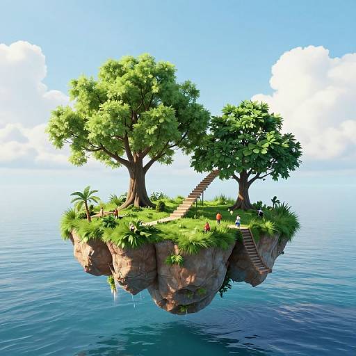 Floating island with lush green trees, grass, and a staircase over calm blue ocean; two people stand on the grassy top. Digital art.