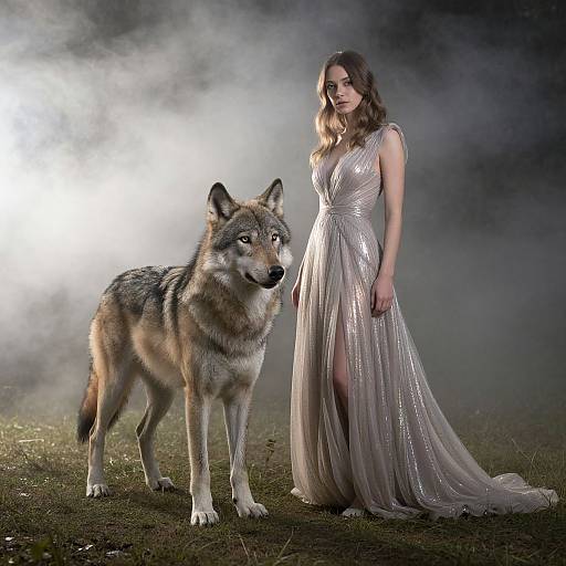Photograph of a woman in a shimmering silver gown standing beside a realistic, lifelike wolf, against a misty, ethereal backdrop.