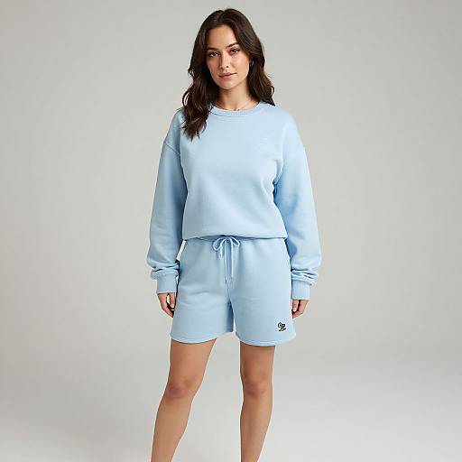 Photograph of a young woman with long dark hair, wearing a light blue sweatshirt and matching shorts, standing against a plain white background.