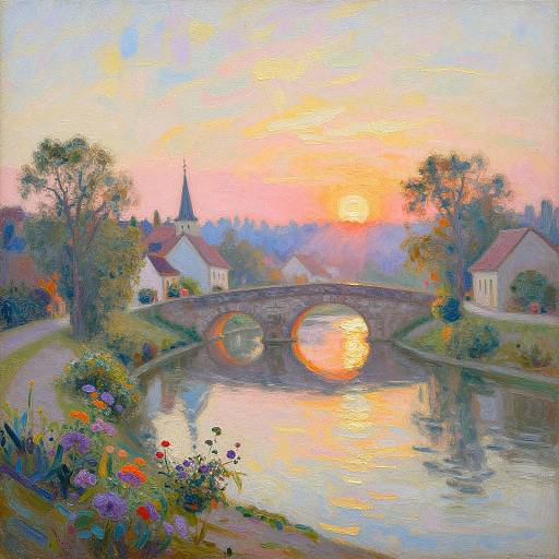 Impressionist painting of a serene sunset over a small town, featuring a stone bridge with an arched reflection in a calm river, surrounded by colorful