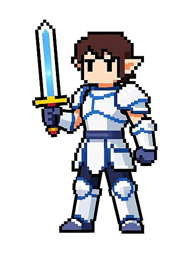 Pixel art of a knight with brown hair, white and blue armor, holding a glowing blue sword, standing against a grey background.
