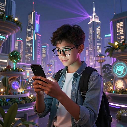 Photograph of a young boy with curly hair, glasses, denim jacket, white shirt, and backpack, using a smartphone in a vibrant, neon-l