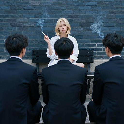 Woman Smoking on Bench with Men in Suits