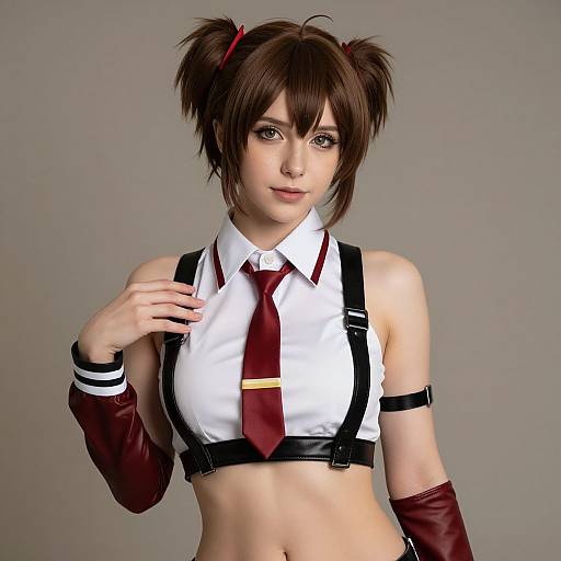 Photograph-style CGI of a young woman with brown pigtails, wearing a white sleeveless shirt, red tie, black suspenders, and red