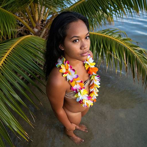 Photograph of a young woman with dark hair, tan skin, wearing a floral bikini and colorful lei, standing on a sandy beach with palm fronds