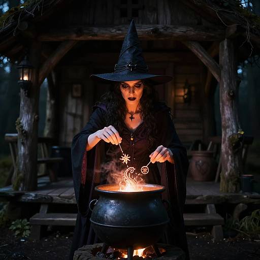Photograph of a dark-haired witch with black lipstick and hat, stirring a glowing cauldron with star-shaped wand, in a spooky, dimly